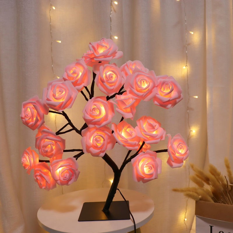 Bedroom Room Rose Tree Lamp Decoration Home Decor Gym From House Pink rose 24lights on black USB
