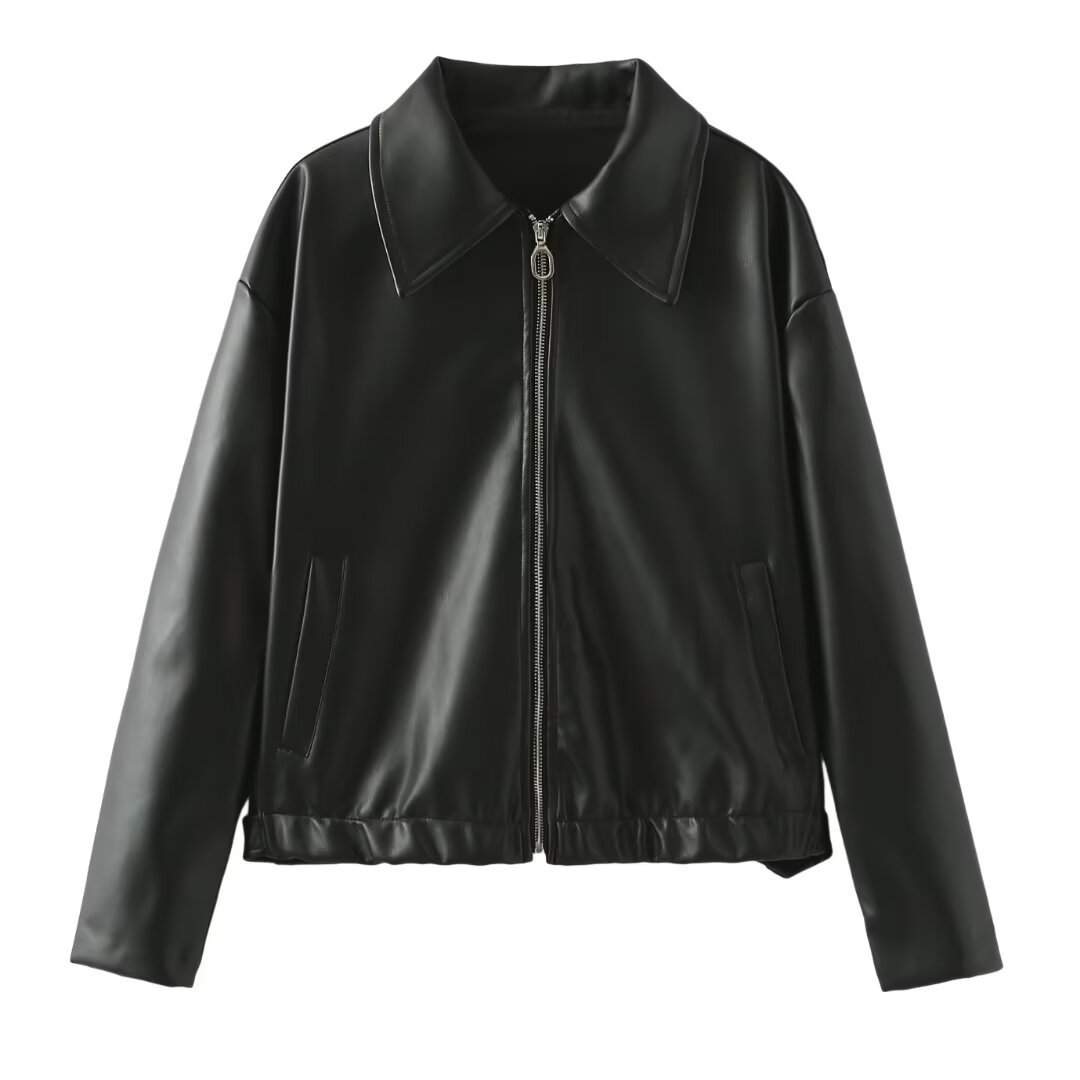 Solid Color Lapel Zipper Jacket Fashion Casual Long Sleeve Women DealSniper.net Black L