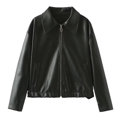 Solid Color Lapel Zipper Jacket Fashion Casual Long Sleeve Women DealSniper.net Black L