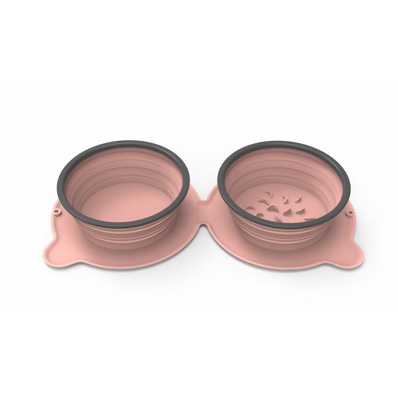 Portable Silicone Double Dog Food Bowls Foldable Non-Slip Pets Gym From House Pink