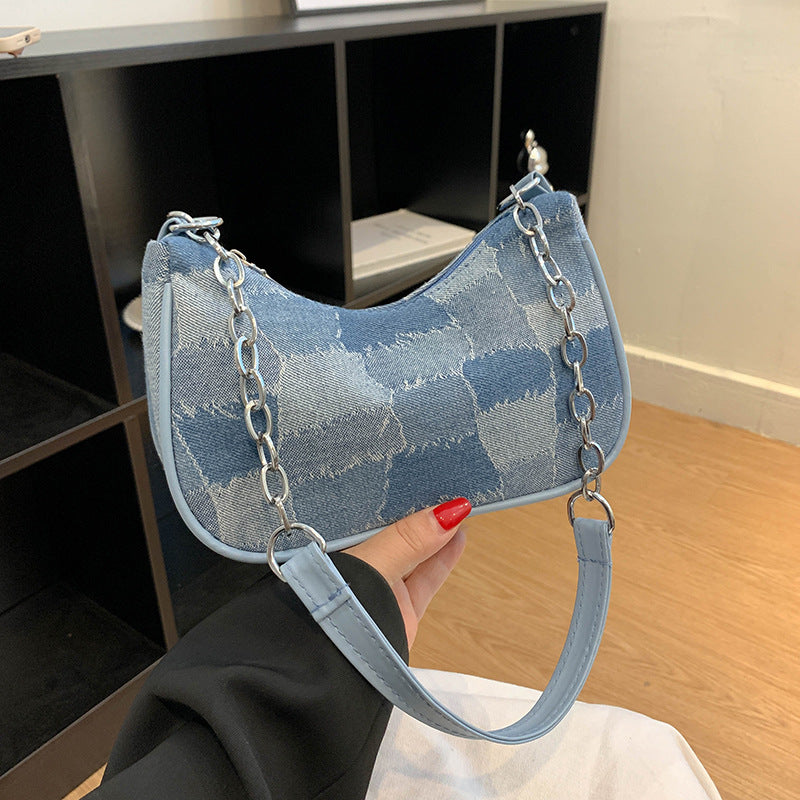 Denim Shoulder Bag Simple Plaid Patchwork Bag Women DealSniper.net