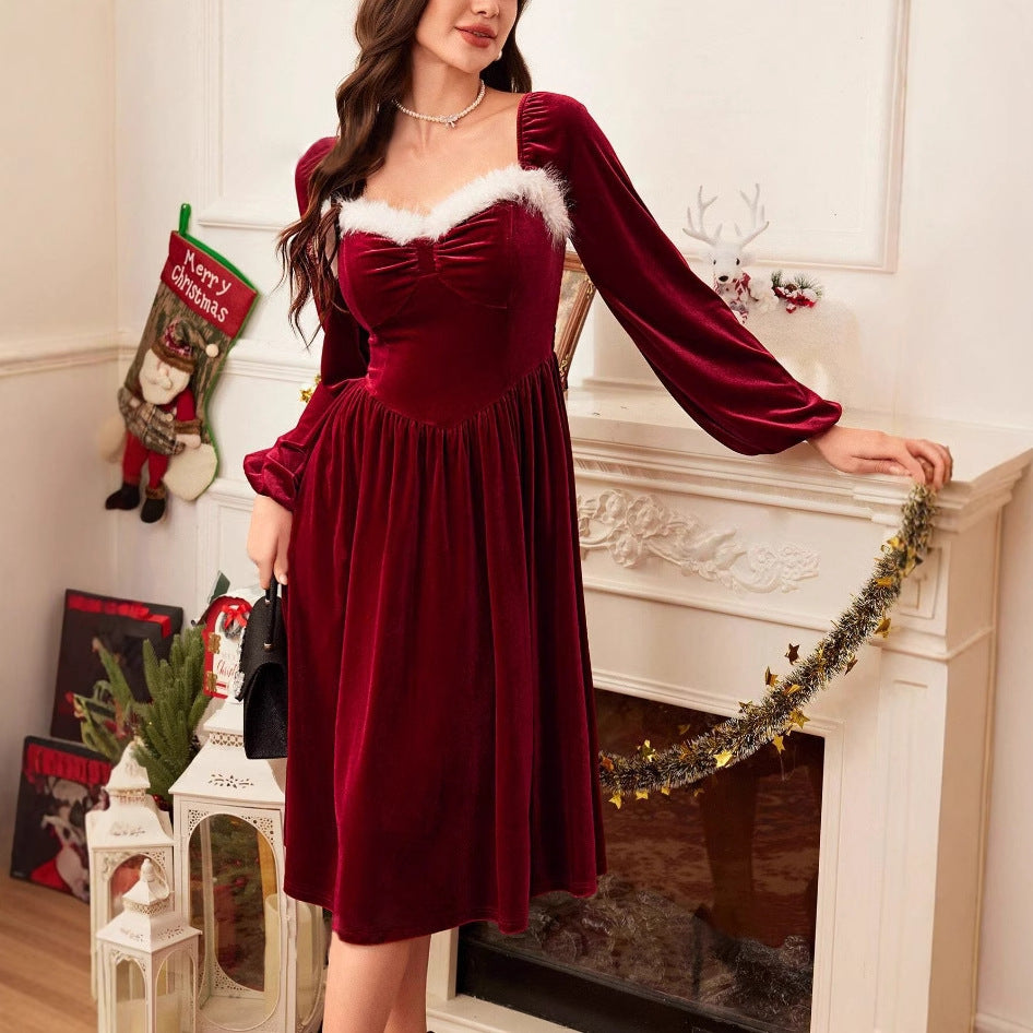 Women's Vintage Christmas Party Long Sleeve Red Velvet Dress Women Gym From House