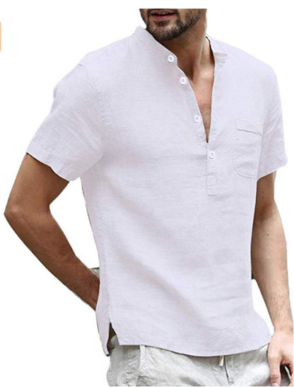 Casual Linen Solid Color Shirt Button V Neck Beach Shirt Men Summer Tops Men DealSniper.net White L