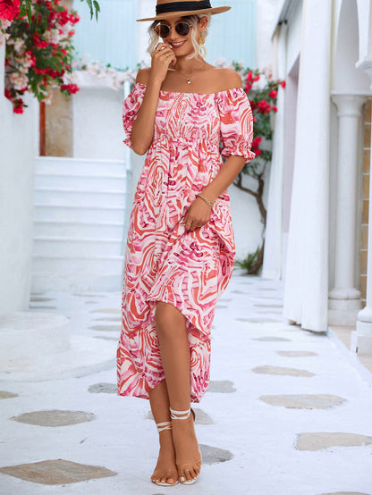 Women's Off-shoulder Smocking Printed Dress Women dealsniper-net