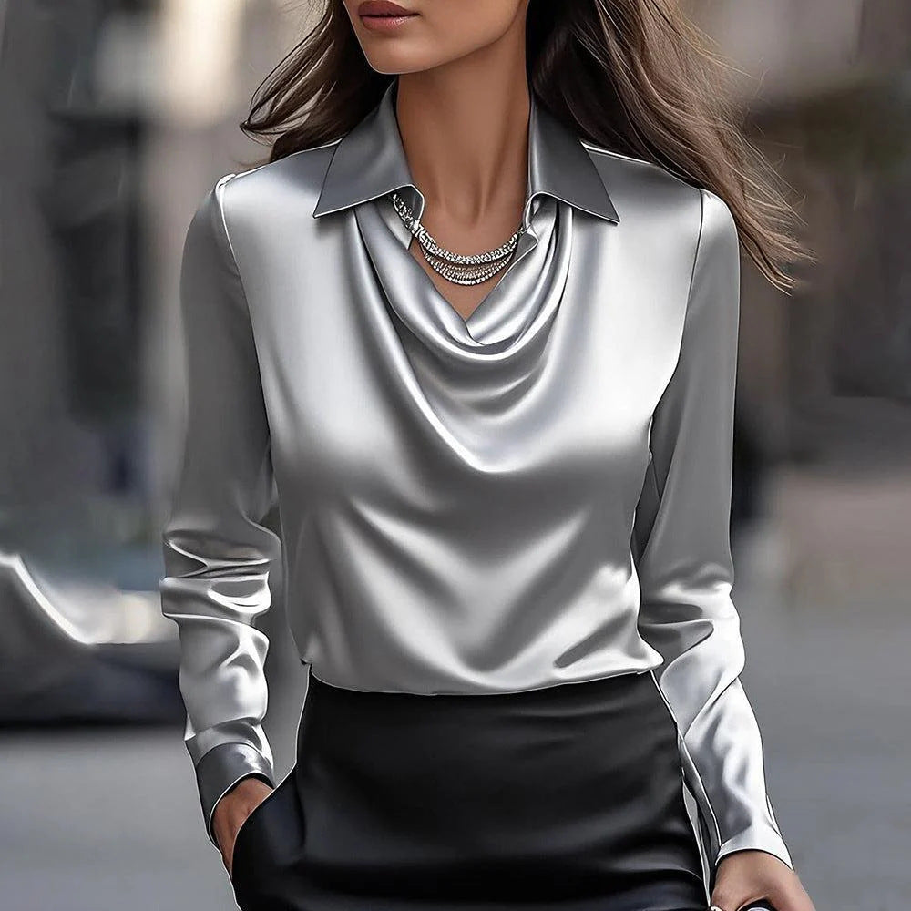 Women's Swing Collar Draped Shirts & Blouses Elegant Solid Satin Women Gym From House Gray L