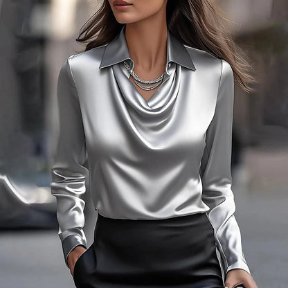 Women's Swing Collar Draped Shirts & Blouses Elegant Solid Satin Women Gym From House Gray L