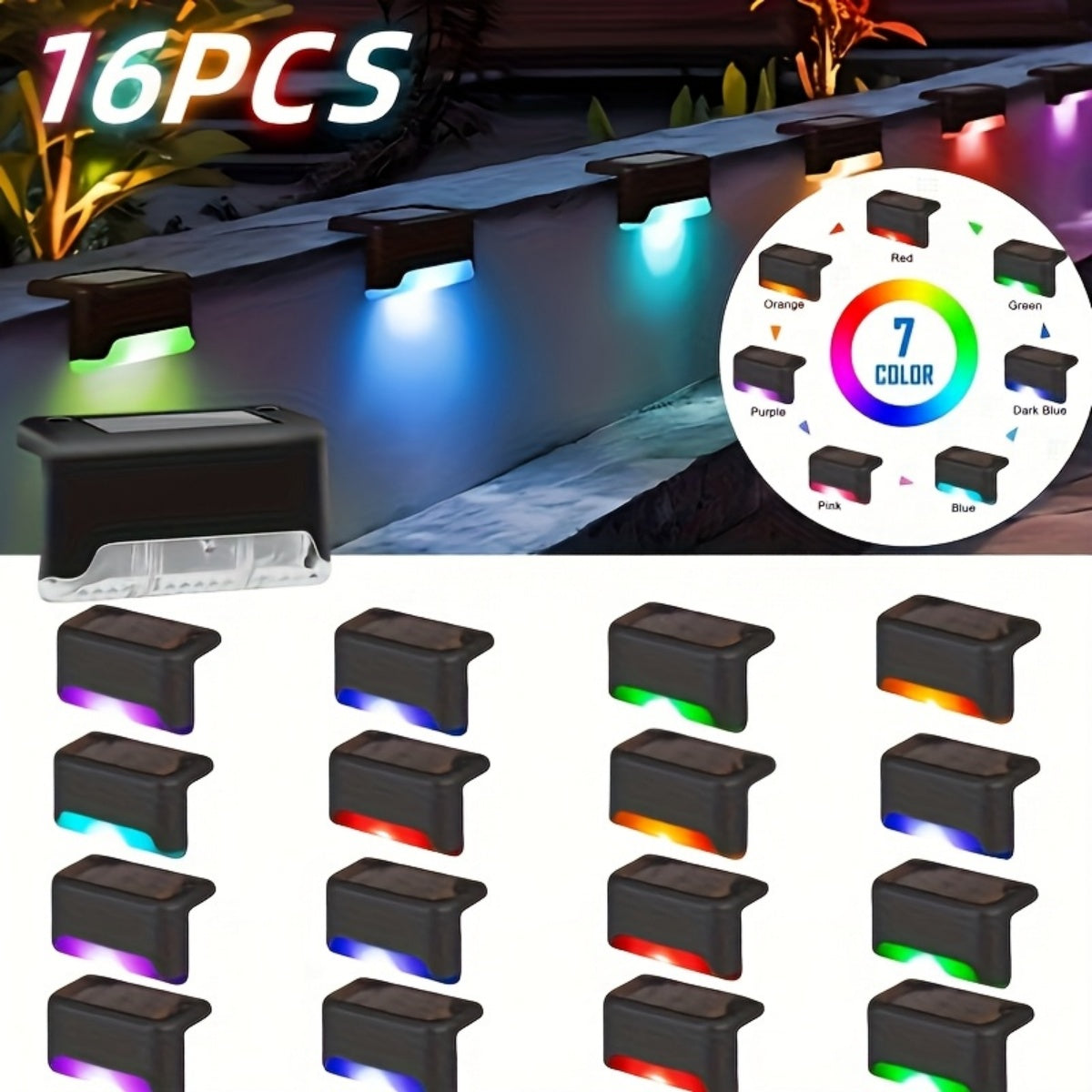 32&16 PCS Solar Deck Lights Outdoor Solar Step Lights Outdoor Gym From House RGB Light 16Pack