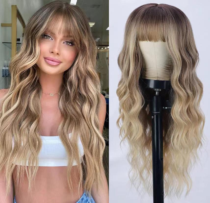 26 Inch Long Ash Blonde Wig With Bangs Natural Wavy Hair