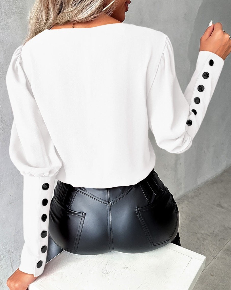 Fashion V-neck Long Sleeve Blouse With Button Design Women dealsniper-net