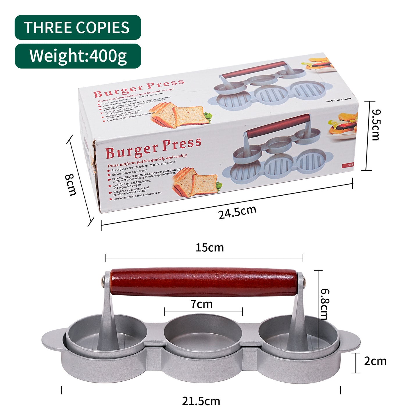 Mini Burger Press Slider Patty Wood Handle Hamburger Press Kitchen dealsniper-net Three Heads