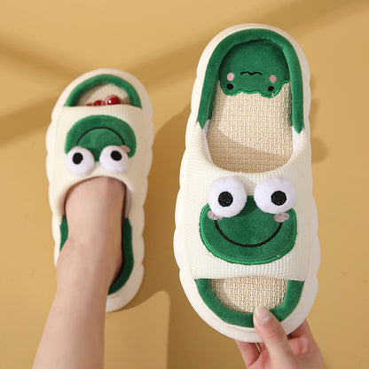 Cute Cartoon Cow Frog Slippers Linen Non-slip Shoes Indoor Women dealsniper-net Green 36or37