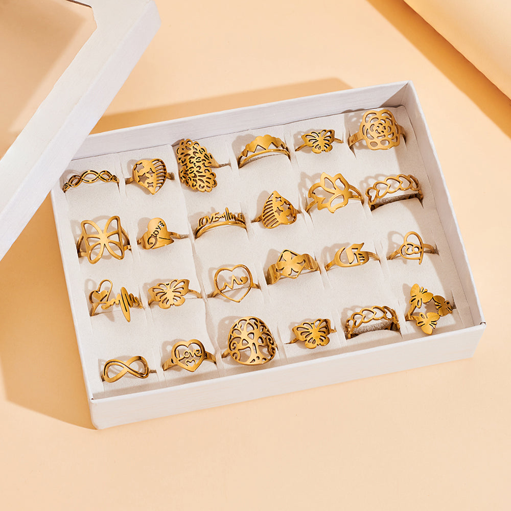 24 PCS Box 100 PCS Box Fashion Ring Set Gold Plated Stainless Steel Rings For Women Girls Jewelry dealsniper-net 24pcs