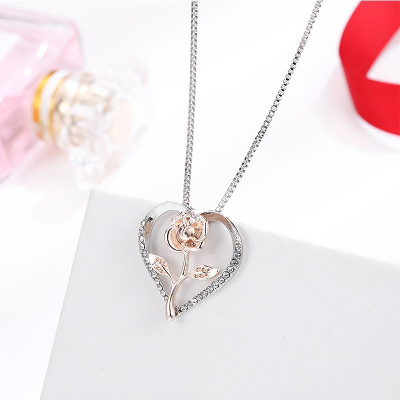 Zircon Heart Rose Silver Necklace For Women Women dealsniper-net