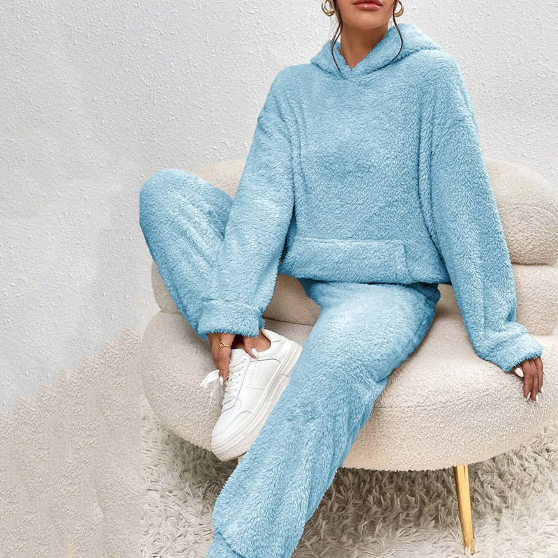 Winter Plush Pajama Set Fashion Casual Hooded Top And Elastic Band Women null Blue 2XL