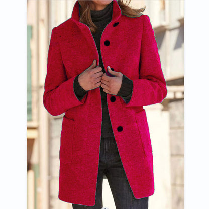 Fashion Stand Collar Woolen Coat With Pockets Fall Winter Women dealsniper-net