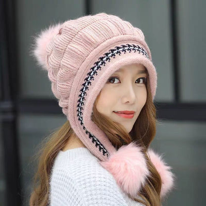 Cozy Knit Fleece-Feel Beanie With Ear Flaps & Pompom