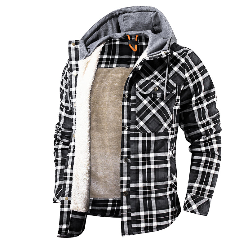 Men Warm Jacket Fleece Lining Lumberjack Plaid Hooded Jackets Snap Button Men dealsniper-net Black USA L