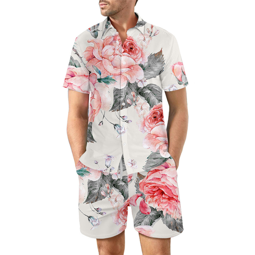 2Pcs Printed Beach Shirt Summer Suit Loose Lapel Button Men DealSniper.net DCS07DXCS1 2XL