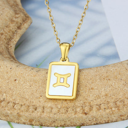 Stainless Steel Square Shell Zodiac Necklace Jewelry dealsniper-net Gemini White