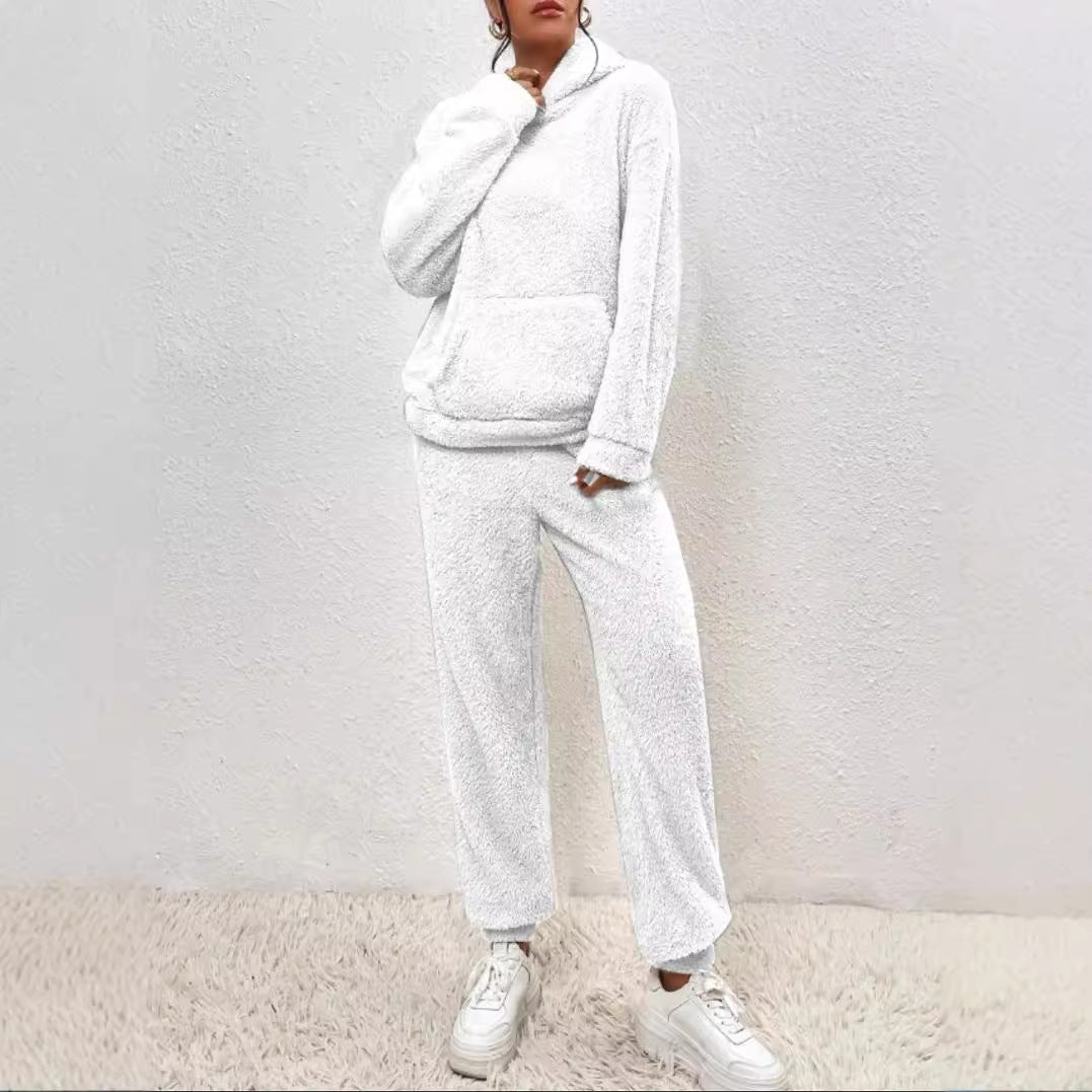 Winter Plush Pajama Set Fashion Casual Hooded Top And Elastic Band Women null