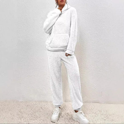 Winter Plush Pajama Set Fashion Casual Hooded Top And Elastic Band Women null