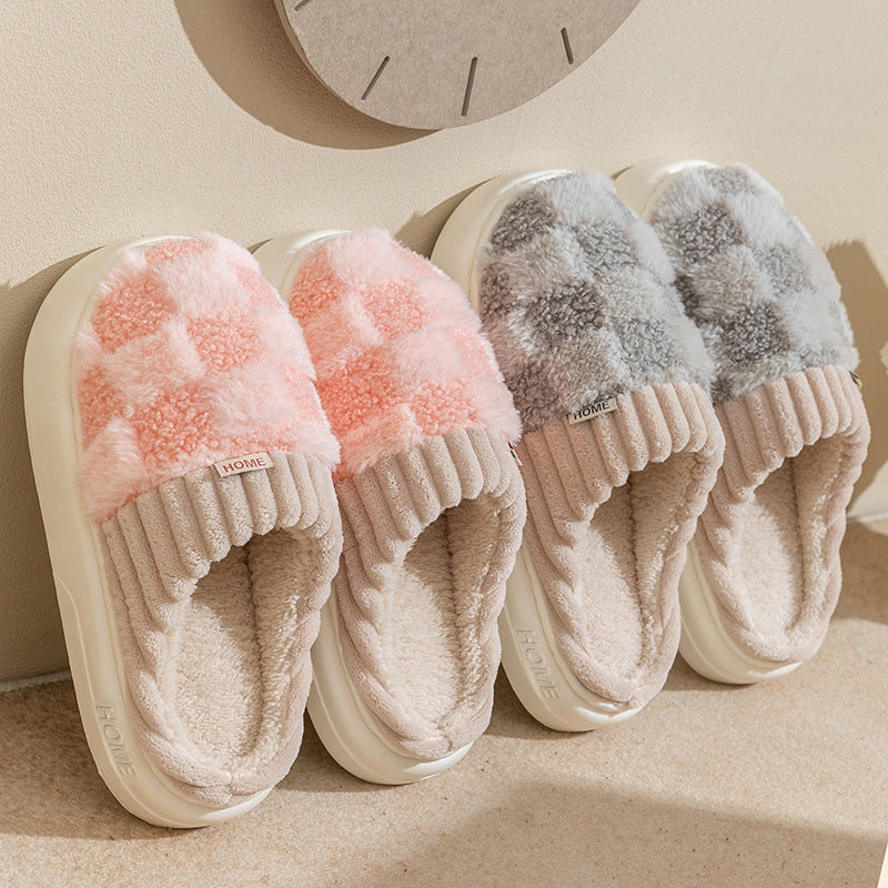 Plaid Plush Slippers Women's Indoor Plush Home Slippers Soft Sole Thick Non-Slip Warm House Shoes Couple Autumn And Winter Women DealSniper.net
