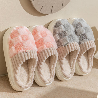 Plaid Plush Slippers Women's Indoor Plush Home Slippers Soft Sole Thick Non-Slip Warm House Shoes Couple Autumn And Winter Women DealSniper.net