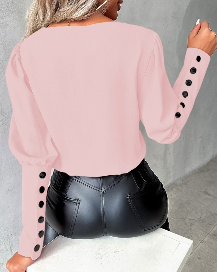 Fashion V-neck Long Sleeve Blouse With Button Design Women dealsniper-net