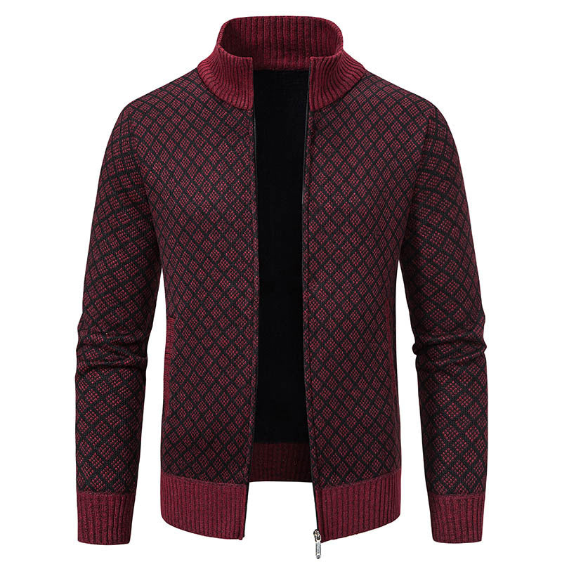 Thickened Plaid Print Jacket Cardigan Fashion Slim Fit Zipper Men Gym From House Wine Red L