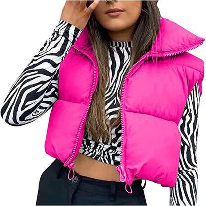 Winter Short Vest For Women Solid Color Zip Sleeveless Lapel Jacket Fashion Bread Coat Women dealsniper-net