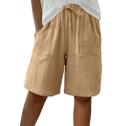 Linen Cotton Shorts, Solid Color Casual Shorts Tie Detail Shorts Women DealSniper.net Khaki 4XL