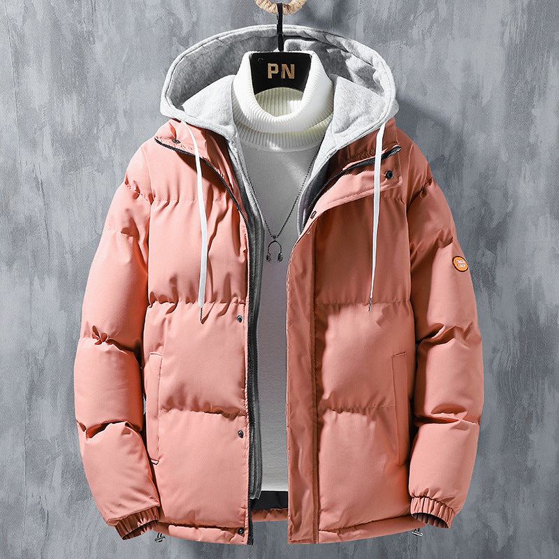 Fashion Hooded Jacket Men Winter Windproof Thickened Fake Two-piece Coat Solid Leisure Sports Cotton Jacket Men dealsniper-net Pink 2XL