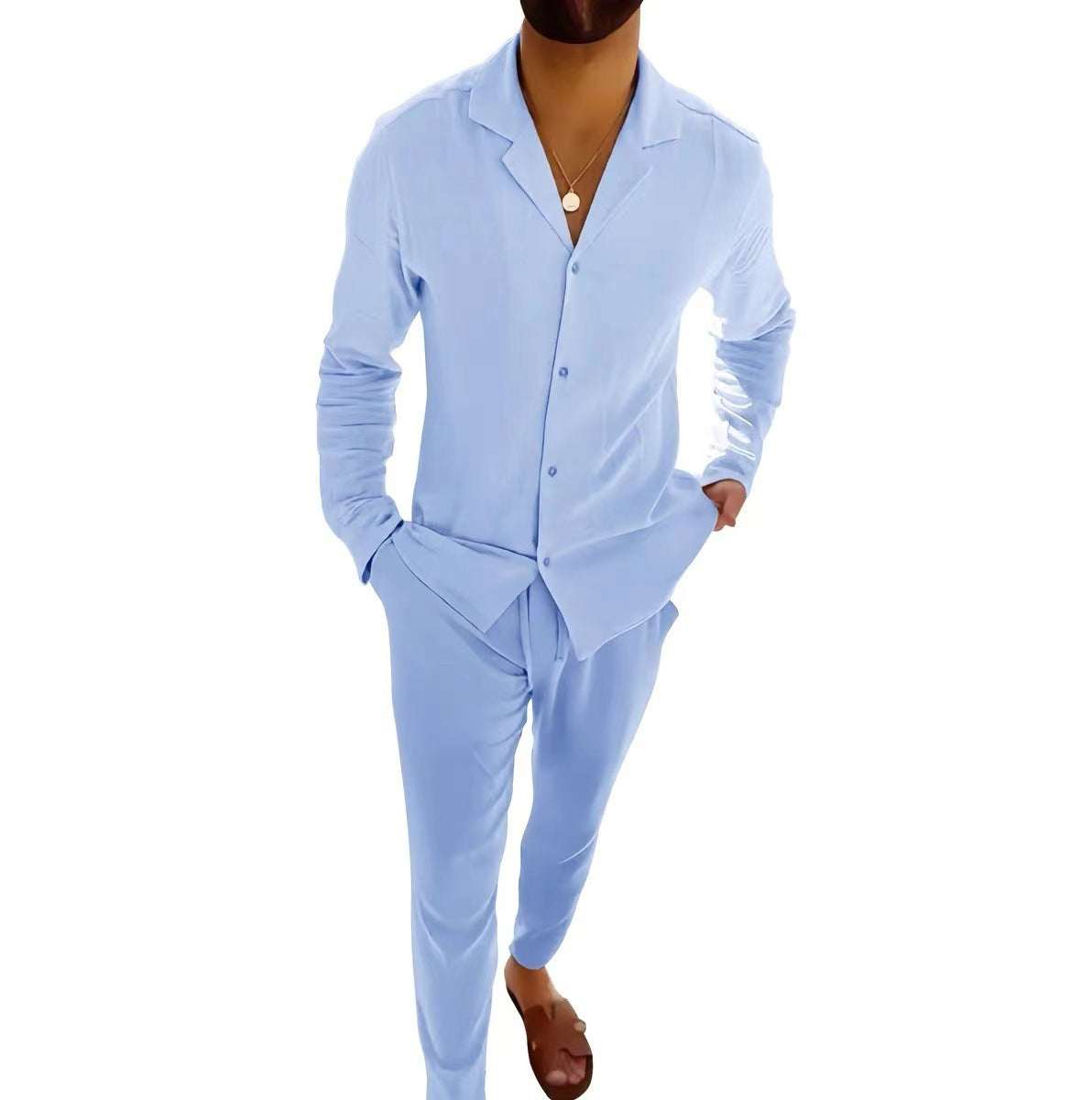 Casual Long-sleeved Suits Fashion Lapel Single-breasted Shirt Men dealsniper-net Sky Blue L