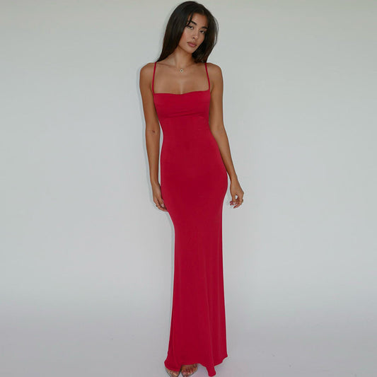 Women's Slim Fit Backless Strap Solid Color Dress Women dealsniper-net Red L