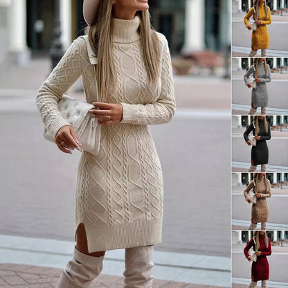 Fashion Turtleneck Knitted Dress With Slit Design