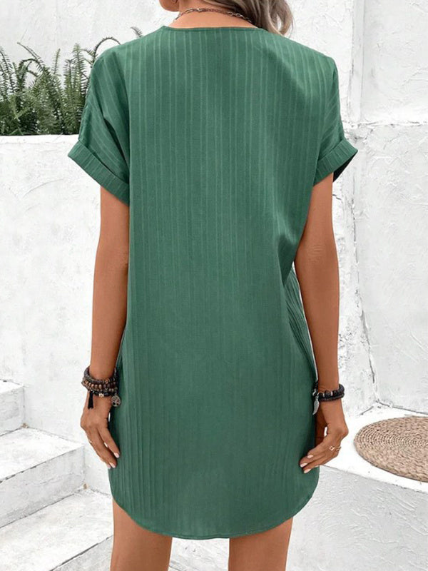 Fashion V-neck Short-sleeved Dress Casual Solid Strip Women dealsniper-net