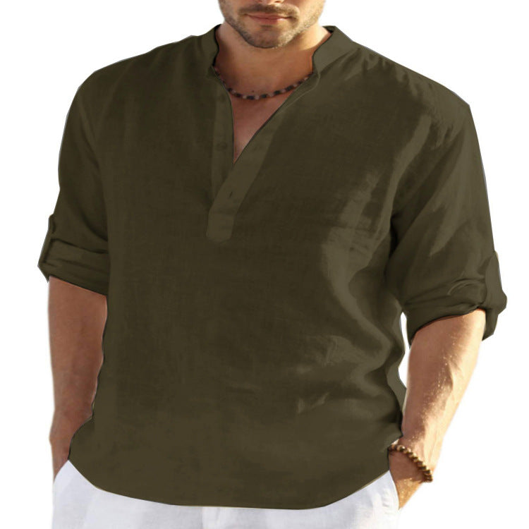 Men's Casual Cotton Linen Solid Color Long Sleeve Shirt Loose Stand Collar Deals DealSniper.net Army Green 2XL