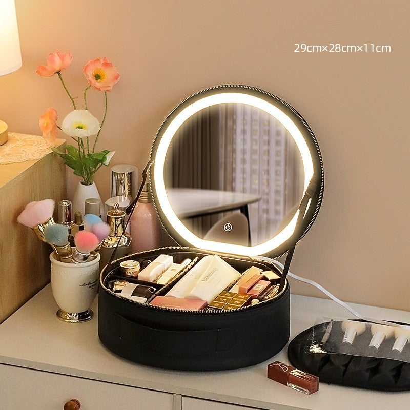 Round Smart LED Makeup Bag With Mirror Lights Women Beauty Bag Large Capacity PU Leather Travel Organizers Cosmetic Case Beauty DealSniper.net Black 29x28x11cm