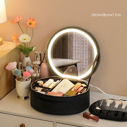 Round Smart LED Makeup Bag With Mirror Lights Women Beauty Bag Large Capacity PU Leather Travel Organizers Cosmetic Case Beauty DealSniper.net Black 29x28x11cm