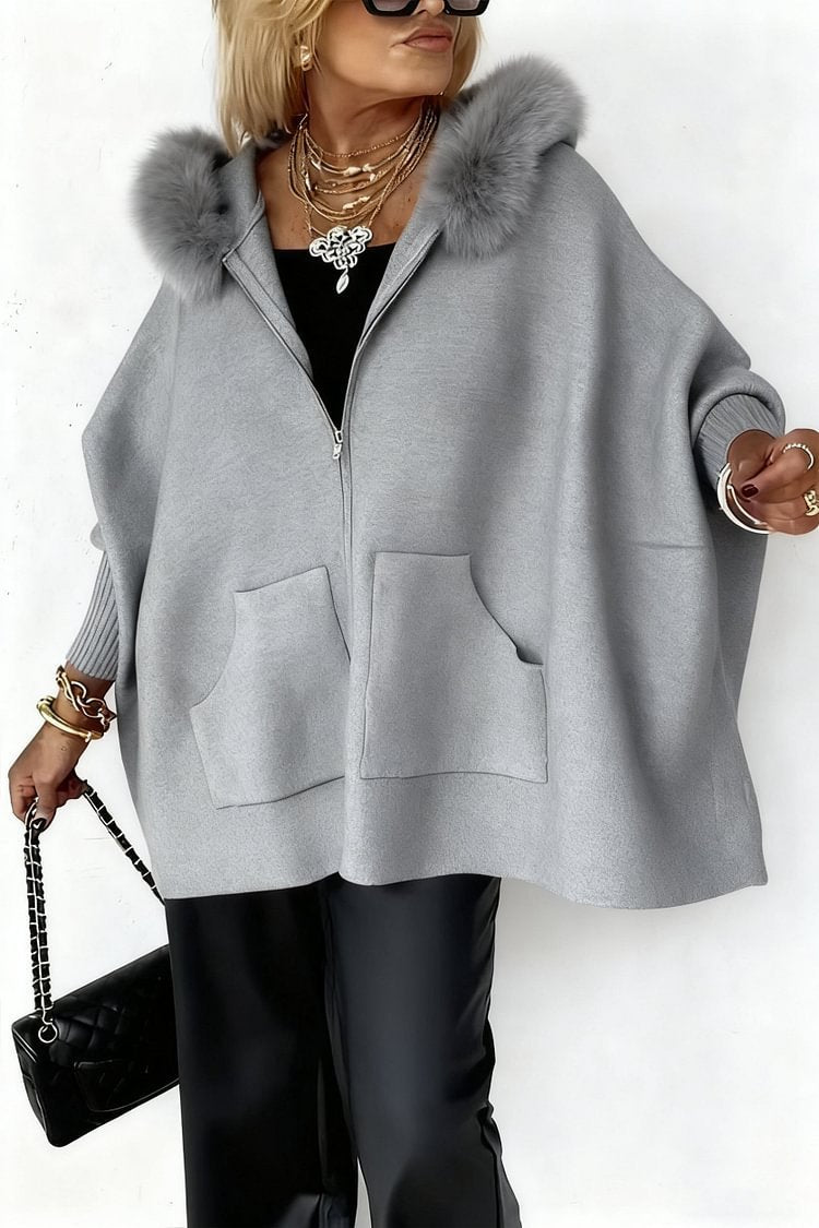 Ins Plush Hooded Cardigan Fashion Warm Pockets Zip-up Knitted Jacket Women null Gray L