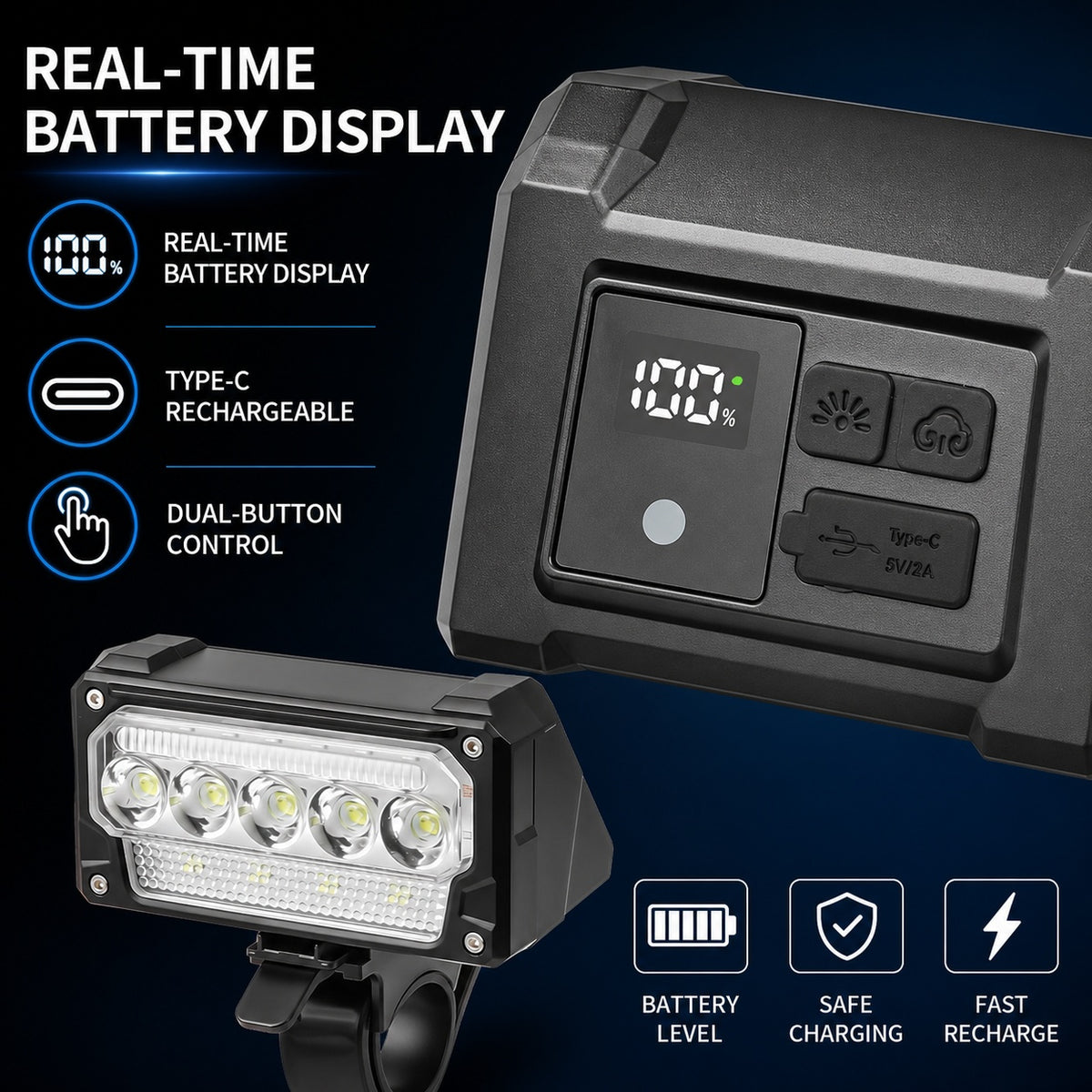 Rechargeable Motion Sensor Battery Display Type C LED Bicycle Light Vehicle DealSniper.net