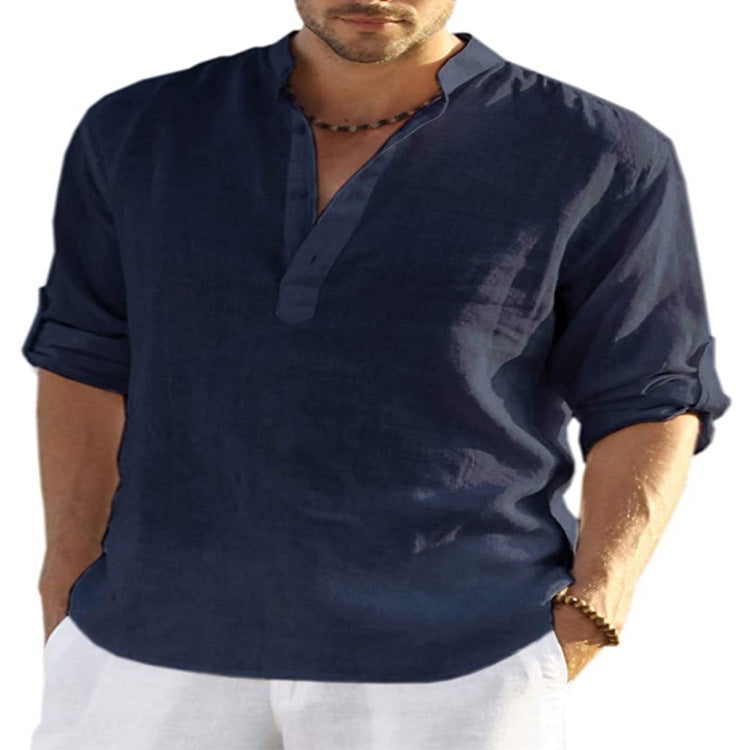 Men's Casual Cotton Linen Solid Color Long Sleeve Shirt Loose Stand Collar Deals DealSniper.net