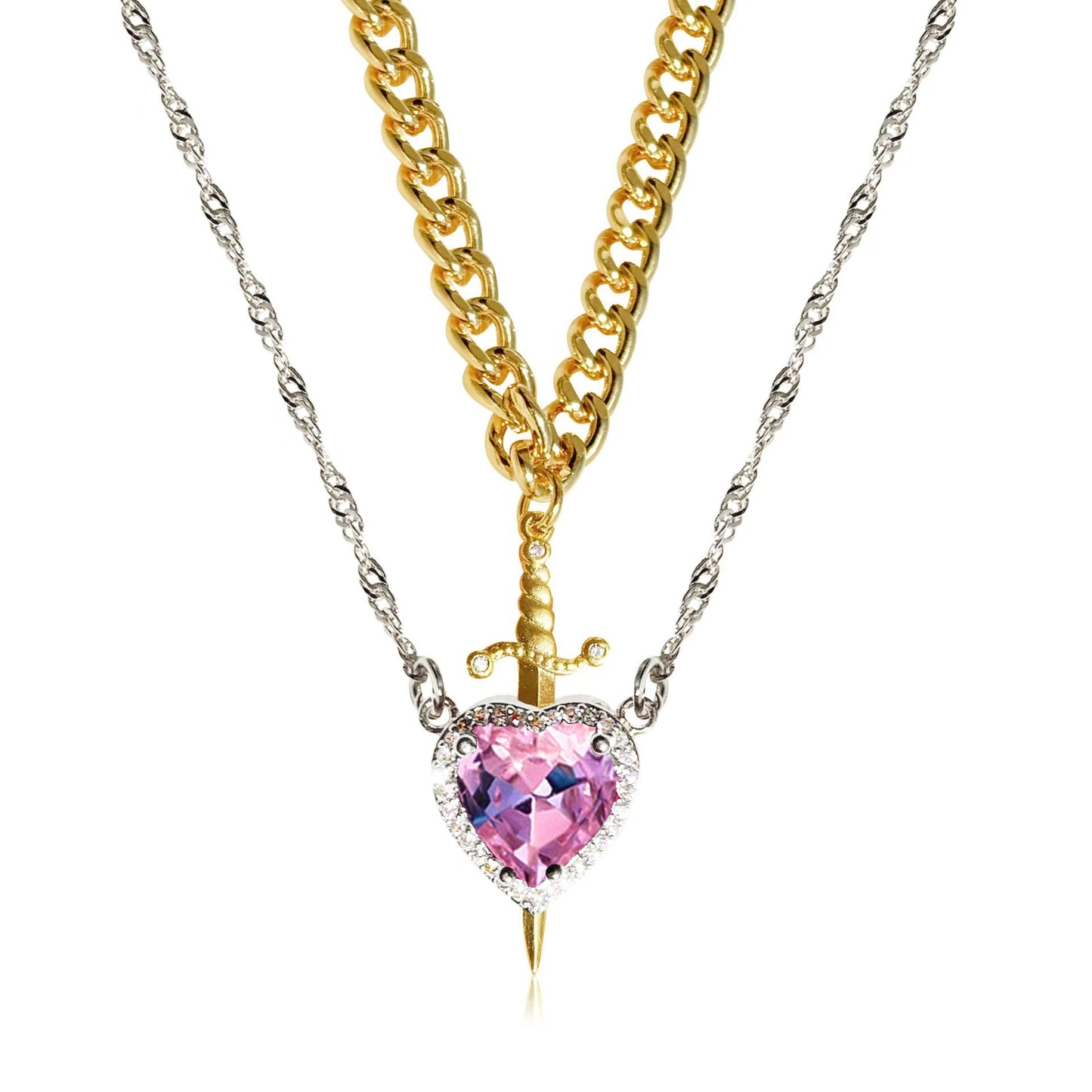 New Heart And Sword Necklace Set Gold Color Stainless Steel Jewelry dealsniper-net Golde Silver pink