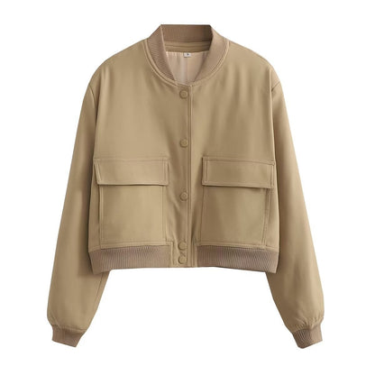 Casual Single-breasted Stand Collar Short Jacket With Pockets Women dealsniper-net Khaki L