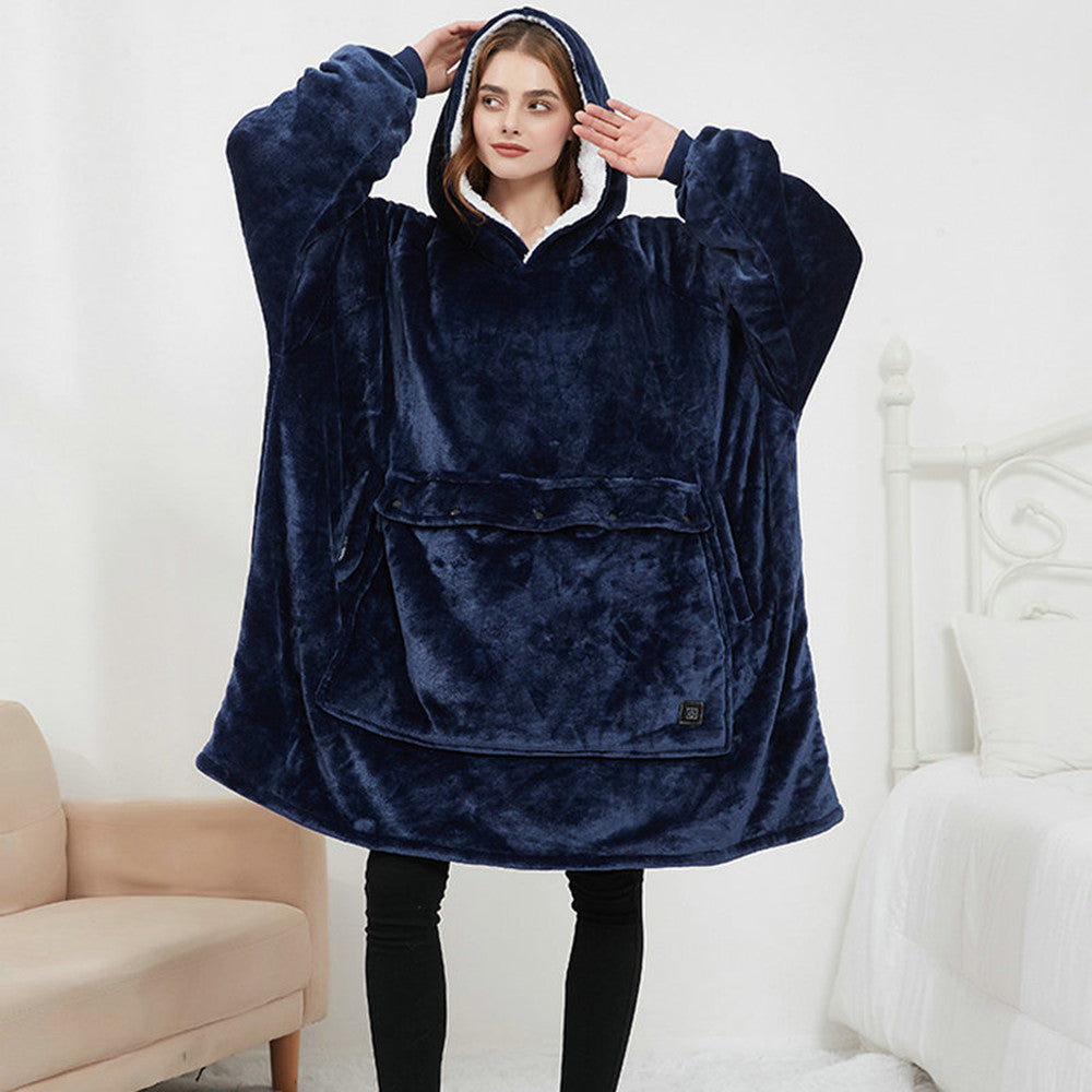 USB Heated Wearable Blanket Oversized Lazy Hoodie With Large Heating Area Back Cozy Warm Sherpa Hoodie Blanket No Battery Pack Women dealsniper-net Navy Blue Onesize