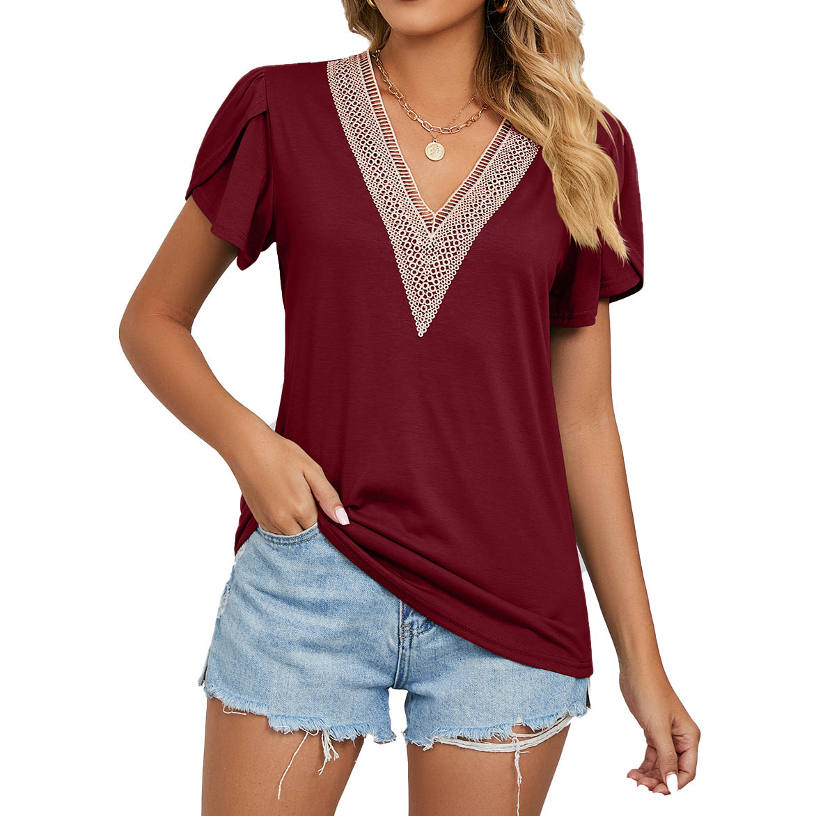 Women's Temperament Fashion Lace V-neck Short-sleeved Tops Women dealsniper-net Wine Red 2XL