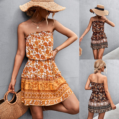 Women's Bohemian Floral Print Strapless Dress Summer Beach Dress Women dealsniper-net