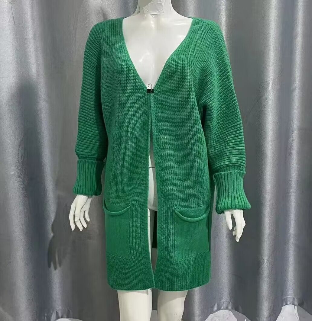 New Solid Color Loose Knitted Sweater Mid-length Coat Women dealsniper-net Green L