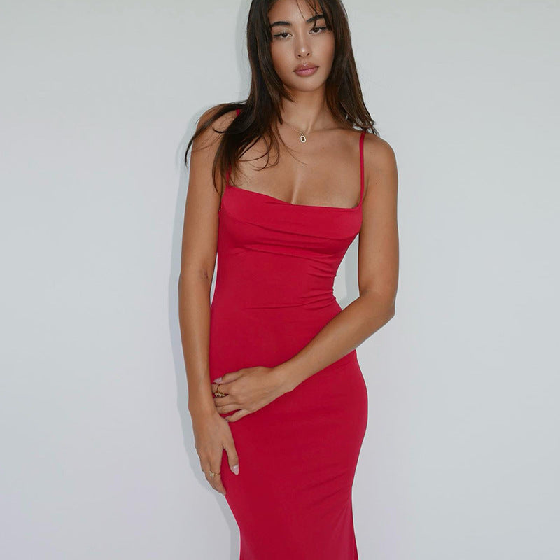 Women's Slim Fit Backless Strap Solid Color Dress Women dealsniper-net