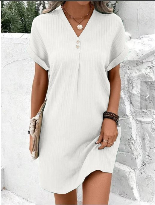 Fashion V-neck Short-sleeved Dress Casual Solid Strip Women dealsniper-net White 3XL